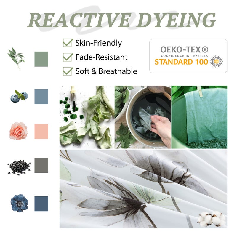 MILDLY 100% Long-Staple Cotton Duvet Cover Set White Green Floral Leaves Pattern Printed Comforter Cover 3pcs, Ultra Soft & Breathable Bedding Set - Image 4